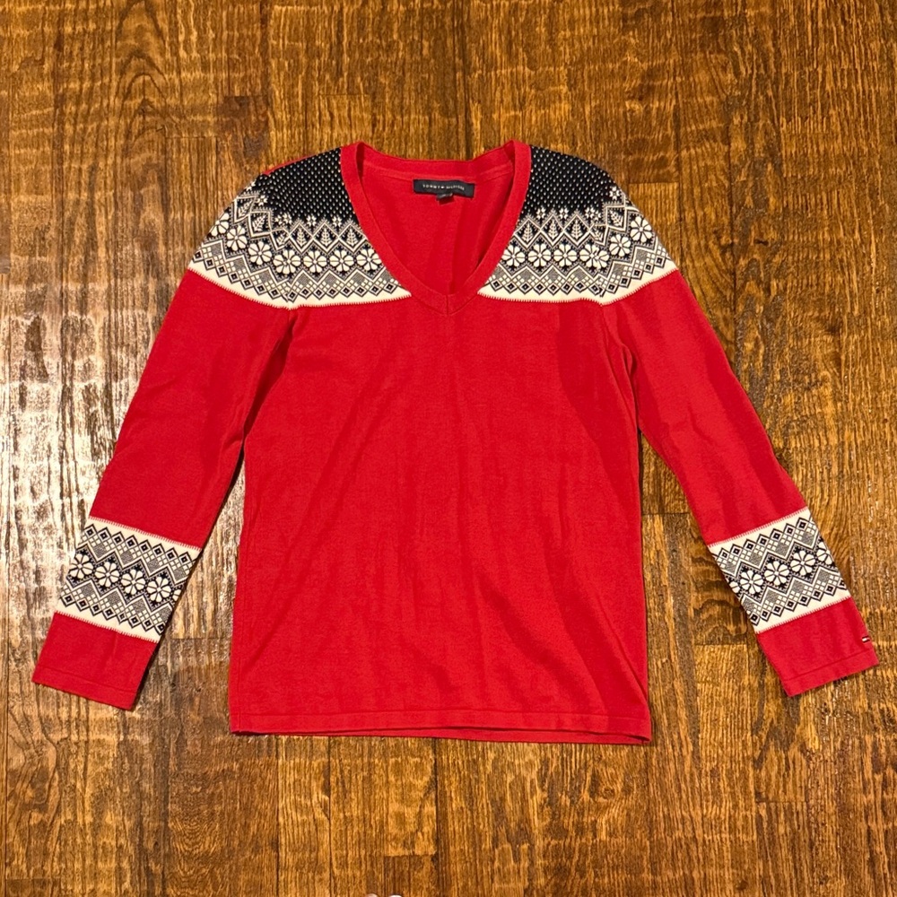Tommy Hilfiger Red Fair Isle V-Neck Sweater Vintage | Nordic Print | Size M